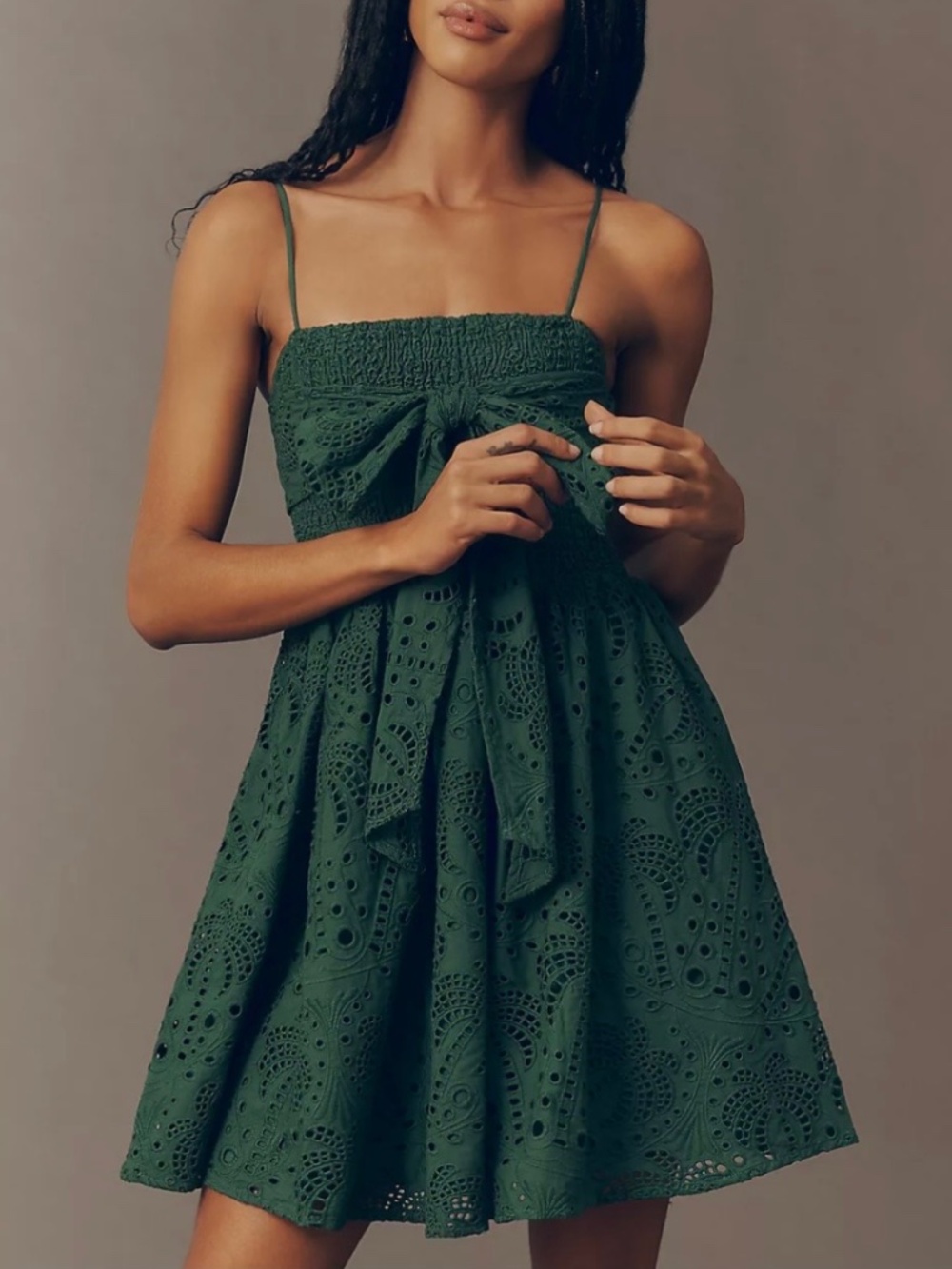 Farm Rio x Anthropologie Embroidered Sleeveless Bow Mini Dress Green SZ L